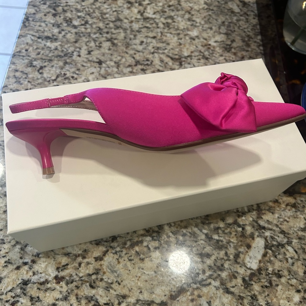 Satin bow kitten heel sling back